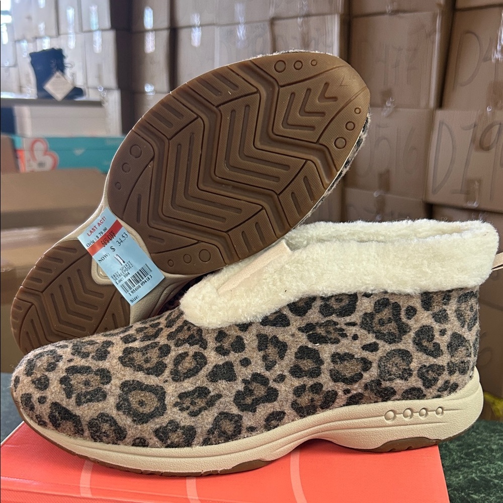 Easy Spirit Leopard Print Fleece Lined Slip-On Sneakers Booties